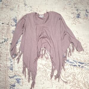 One 7 Six Poncho Top Fringe Brown Women Size L Cotton Nylon Rayon Angora Blend
